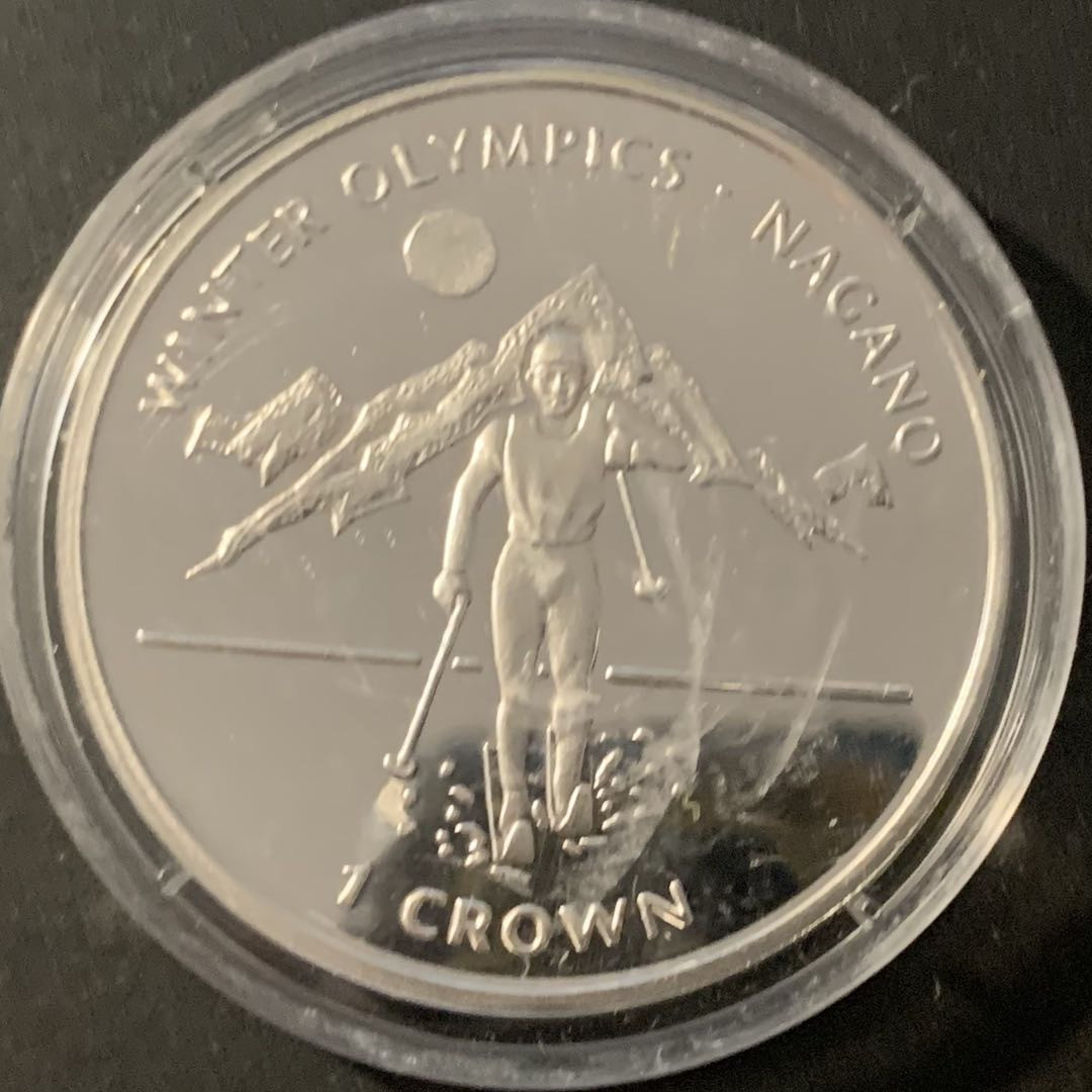 紫瑗钱币—微拍第84期  马恩岛 1998年 长野冬奥会 越野滑雪者 1克朗 28.28克 0.925银 精制