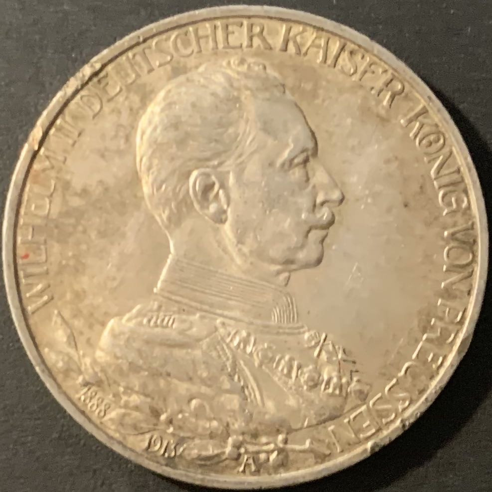 紫瑗钱币—微拍第84期  德国 普鲁士 1913年 军装 3马克 16.67克 0.9银 UNC