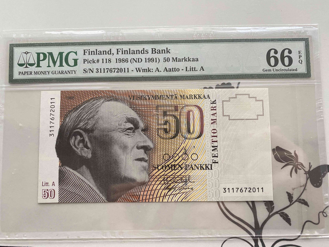 【收藏联盟】第152期拍卖——塞舌尔大海龟（共55拍） 芬兰 1991年50马克 PMG66EPQ  p118 