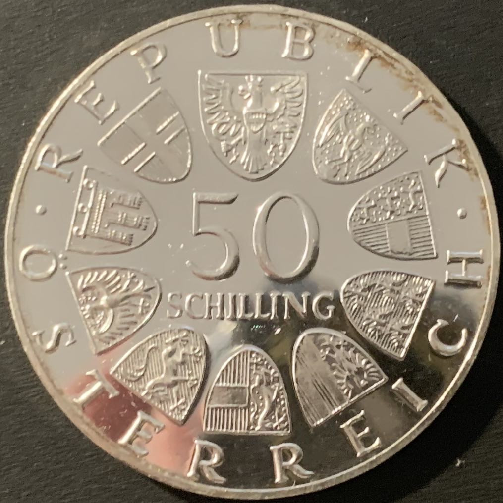 紫瑗钱币—微拍第84期  奥地利 1973年 总统克纳诞辰100周年 50先令 20克 0.9银 精制