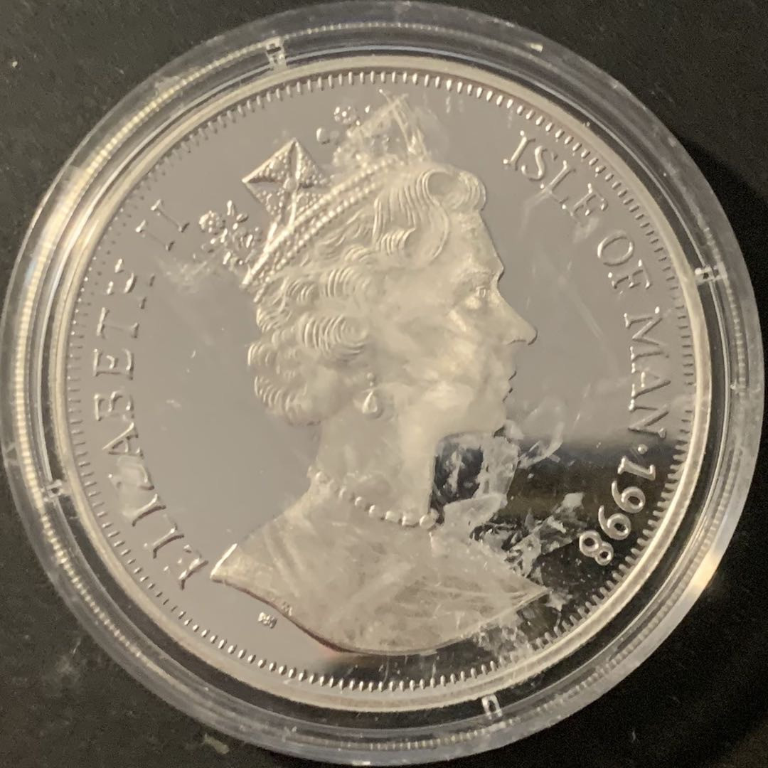 紫瑗钱币—微拍第84期  马恩岛 1998年 长野冬奥会 两个速滑运动员 1克朗 28.28克 0.925银 精制