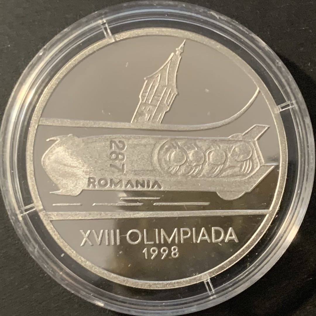 紫瑗钱币—微拍第84期  罗马尼亚 1998年 长野冬奥会 雪橇车 100列伊 27克 0.925银 精制