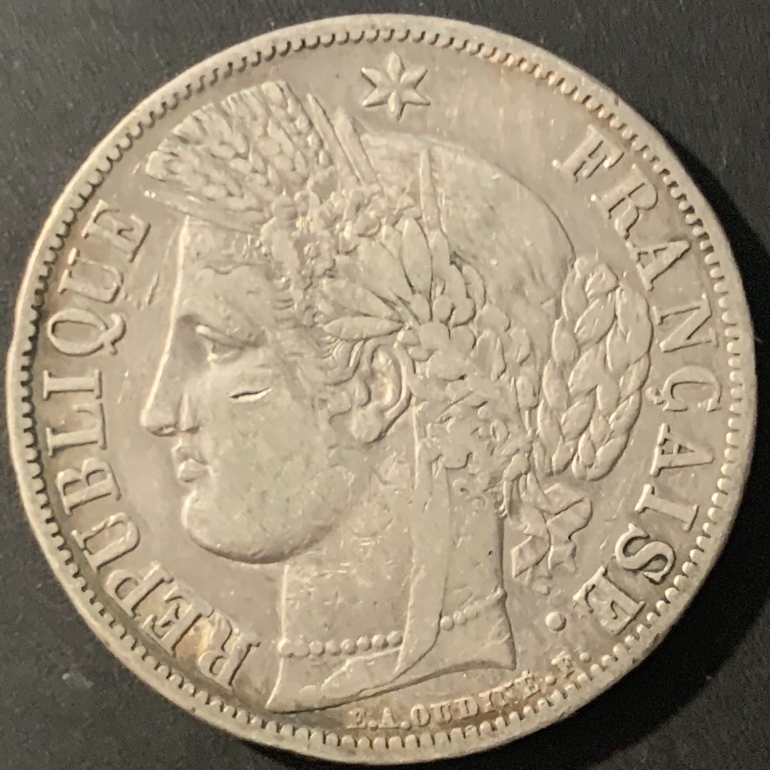 紫瑗钱币—微拍第84期  法国 1849年 A版 谷物女神 5法郎 25克 0.9银