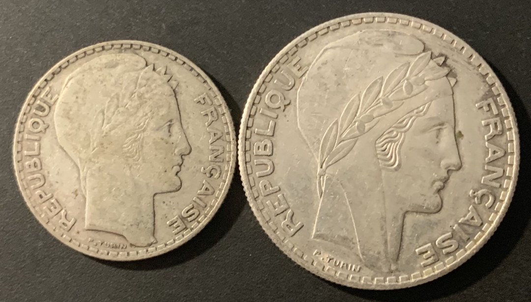 紫瑗钱币—微拍第84期  法国 1934年 自由女神 10 20法郎 1对 共30克 0.68银