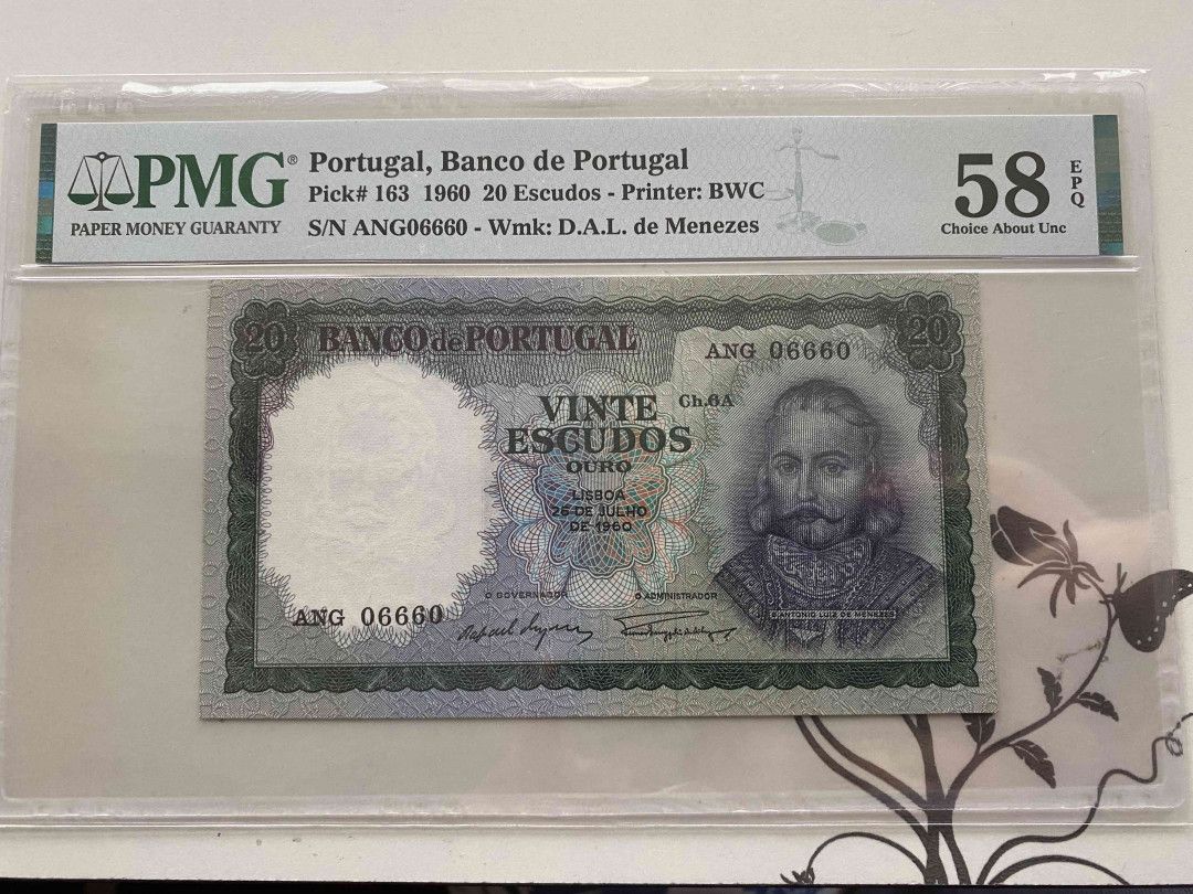 【收藏联盟】第152期拍卖——塞舌尔大海龟（共55拍） 【雷达号06660】葡萄牙 1960年20埃斯库多 PMG58EPQ BWC出品