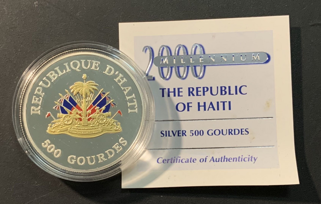 紫瑗钱币—微拍第84期  海地 1999年 千禧年纪念 500古德 彩色银币 28.28克 0.925银 精制 原盒证书