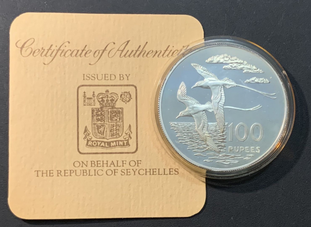 紫瑗钱币—微拍第84期  塞舌尔 1978年 白尾热带鸟 100卢比 31.65克 0.925银 精制 原盒证书