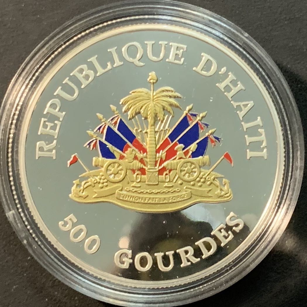紫瑗钱币—微拍第84期  海地 1999年 千禧年纪念 500古德 彩色银币 28.28克 0.925银 精制 原盒证书