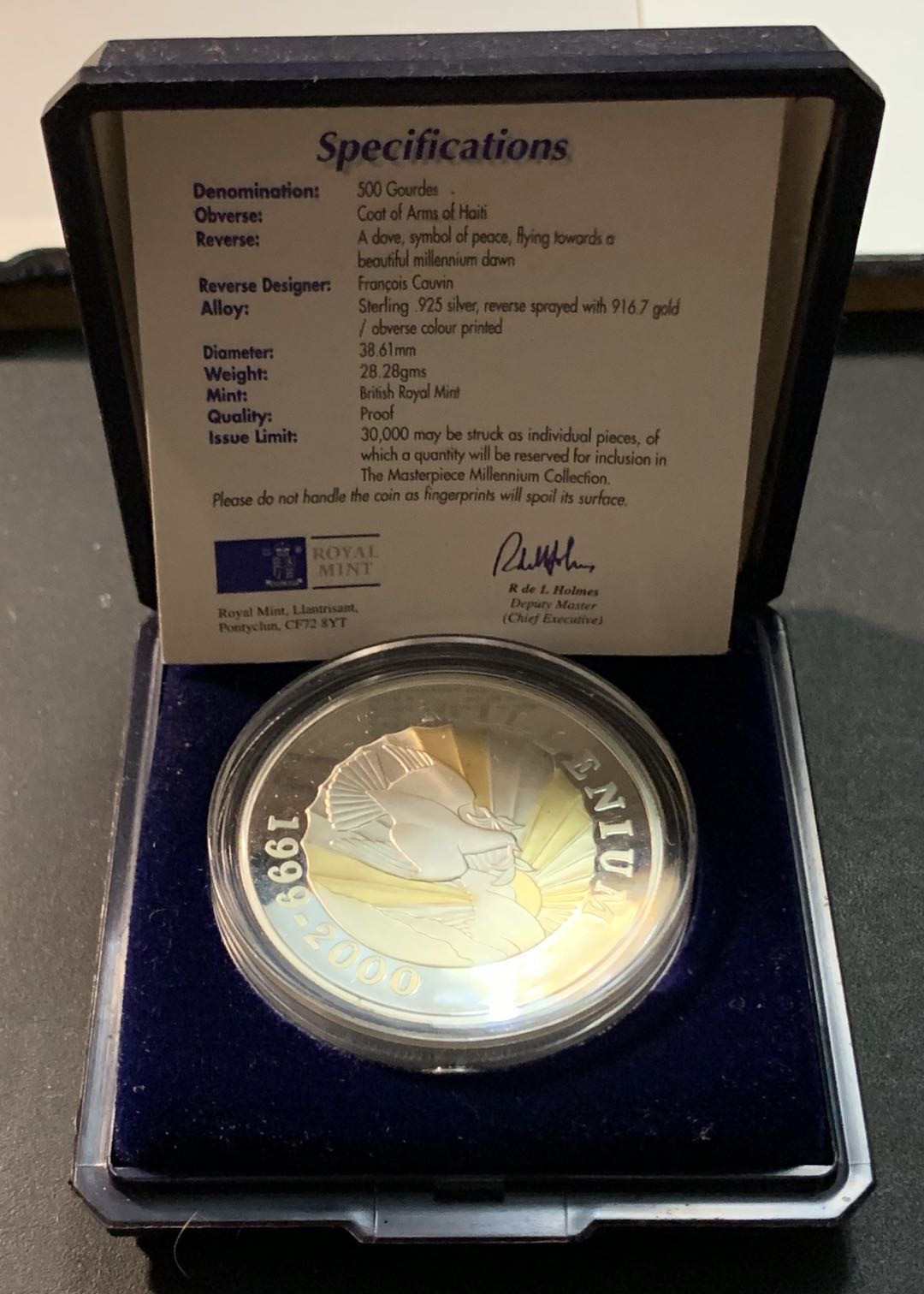 紫瑗钱币—微拍第84期  海地 1999年 千禧年纪念 500古德 彩色银币 28.28克 0.925银 精制 原盒证书