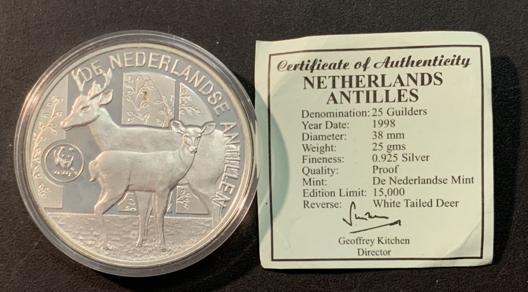 紫瑗钱币—微拍第85期  荷属安的列斯 1998年 世界野生动物基金WWF 白尾鹿和母鹿 25盾 25克 0.925银 精制 带证书