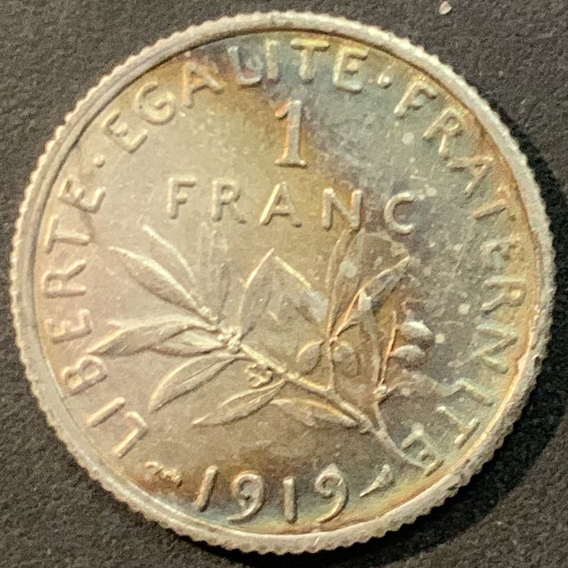 紫瑗钱币—微拍第85期  法国 1919年 播种女神 1法郎 5克 0.835银 环彩包浆