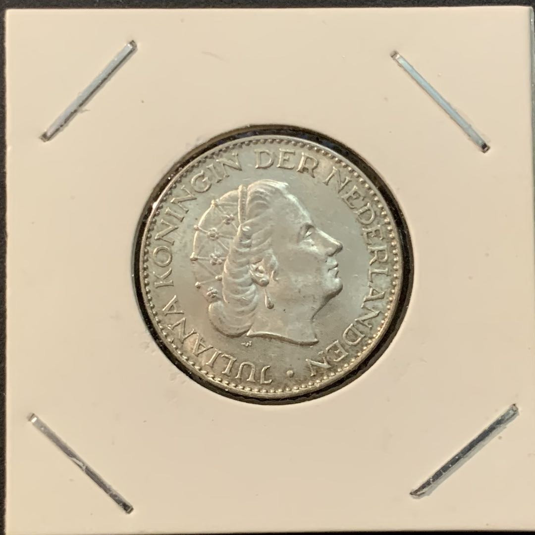 紫瑗钱币—微拍第85期  荷兰 1955年 1盾 银币 6.5克 0.72银 BU