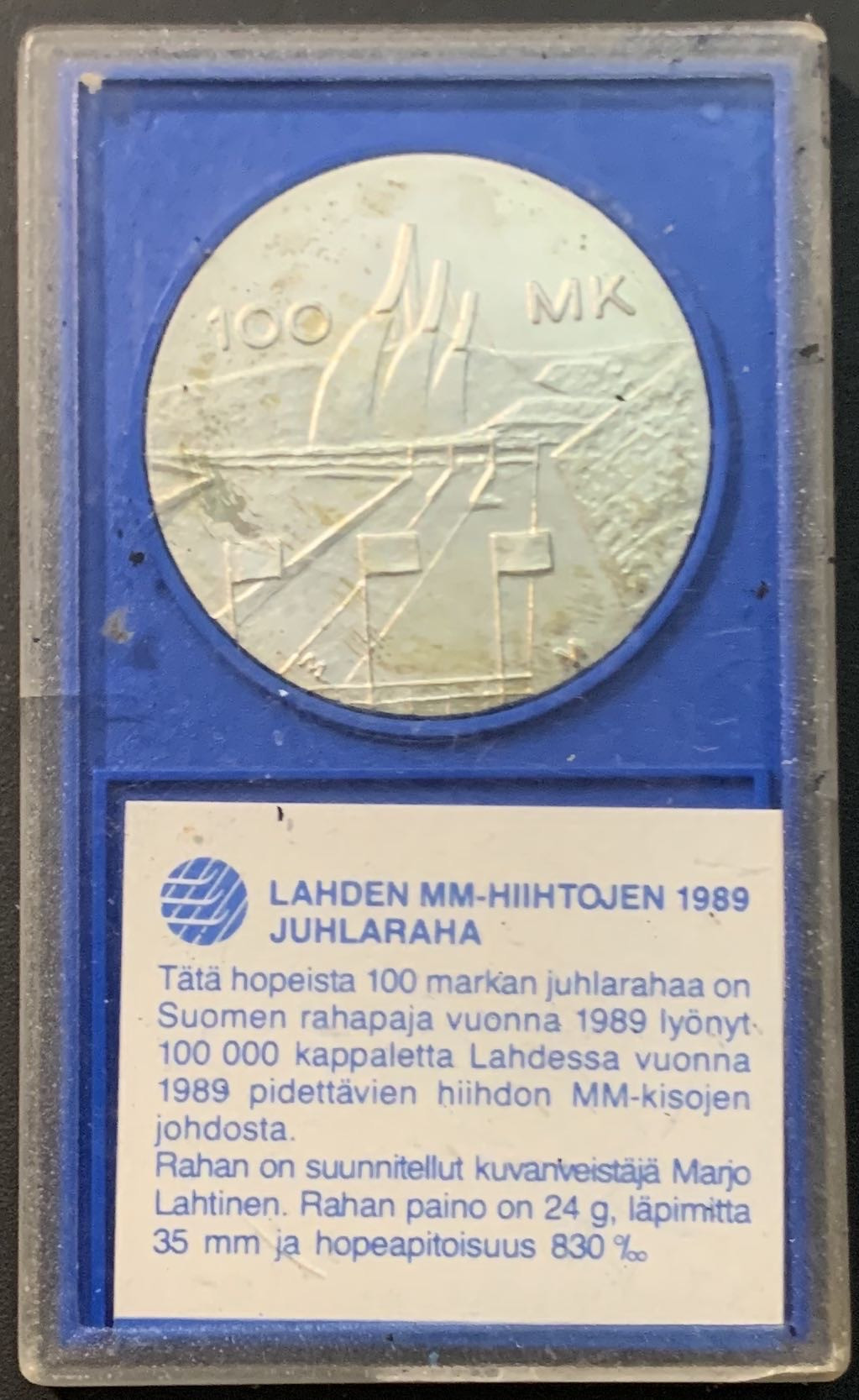 紫瑗钱币—微拍第85期  芬兰 1989年 拉赫蒂世界北欧滑雪锦标赛 100马克 24克 0.83银 原盒证书