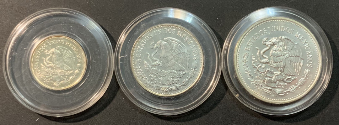 紫瑗钱币—微拍第85期  墨西哥 1985年 86墨西哥世界杯 第一组 25 50 100比索 3枚一组 共54.45克 0.72银 
