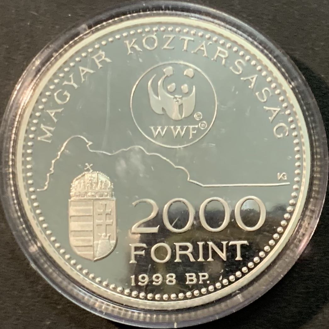 紫瑗钱币—微拍第85期  匈牙利 1998年 世界野生动物基金会WWF 叉尾燕子 2000福林 31.46克 0.925银 精制