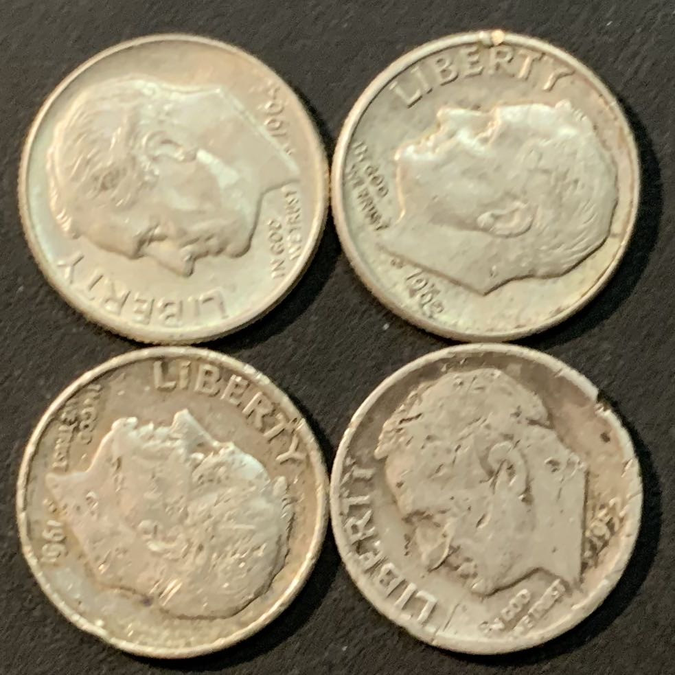 紫瑗钱币—微拍第85期  美国 罗斯福 10美分 银币 4枚 共10克 0.9银 差品相