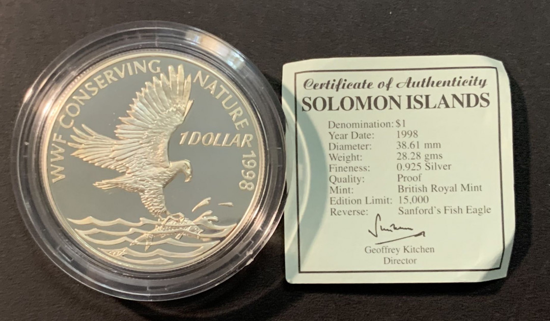 紫瑗钱币—微拍第85期  所罗门群岛 1998年 世界野生动物基金会WWF 鹰落鱼 1元 28.28克 0.925银 精制 带证书