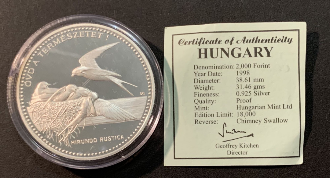 紫瑗钱币—微拍第85期  匈牙利 1998年 世界野生动物基金会WWF 叉尾燕子 2000福林 31.46克 0.925银 精制 带证书
