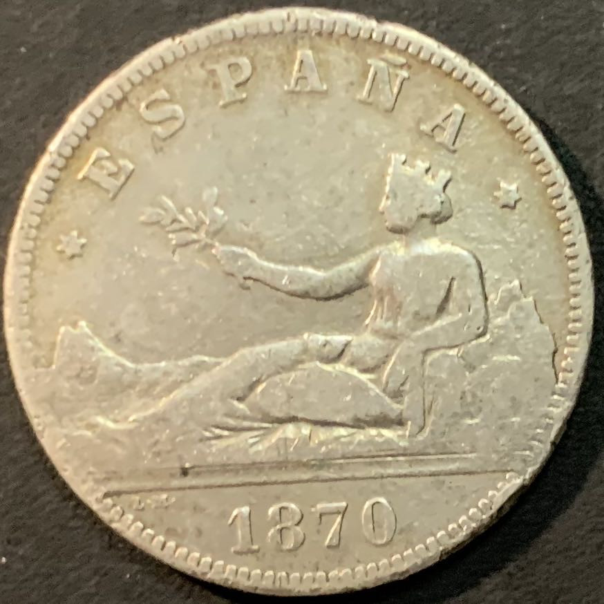 紫瑗钱币—微拍第85期  西班牙 1870年 拿花 2比塞塔 10克 0.835银 