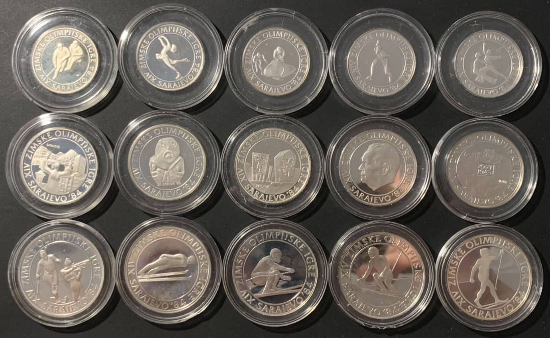 紫瑗钱币—微拍第85期  南斯拉夫 1984 萨拉热窝冬奥会 100 250 500第纳尔 15枚 大全套 共265克 0.925银 精制