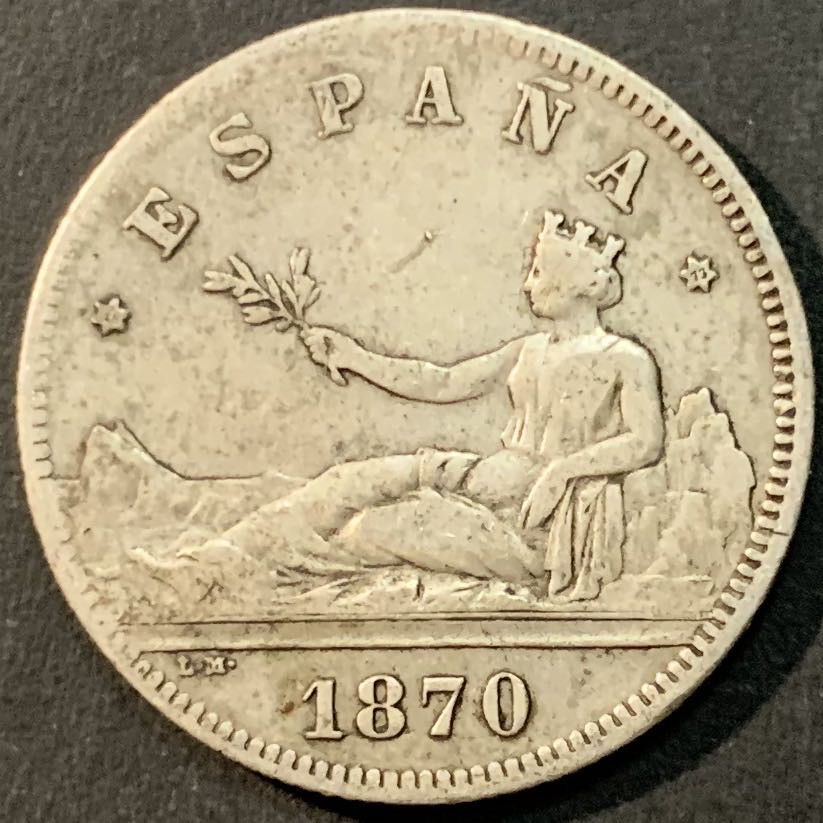 紫瑗钱币—微拍第85期  西班牙 1870年 拿花 2比塞塔 10克 0.835银 