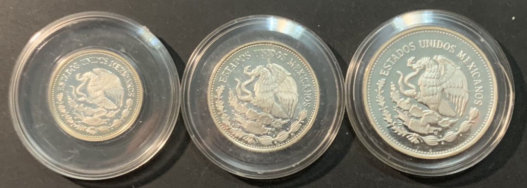 紫瑗钱币—微拍第85期  墨西哥 1985年 86墨西哥世界杯 第二组 25 50 100比索 3枚一组  共57.86克 0.925银 精制