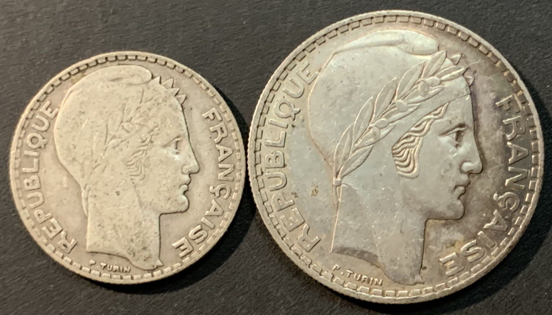 紫瑗钱币—微拍第85期  法国 1933年 自由女神 10 20法郎 1对 共30克 0.68银