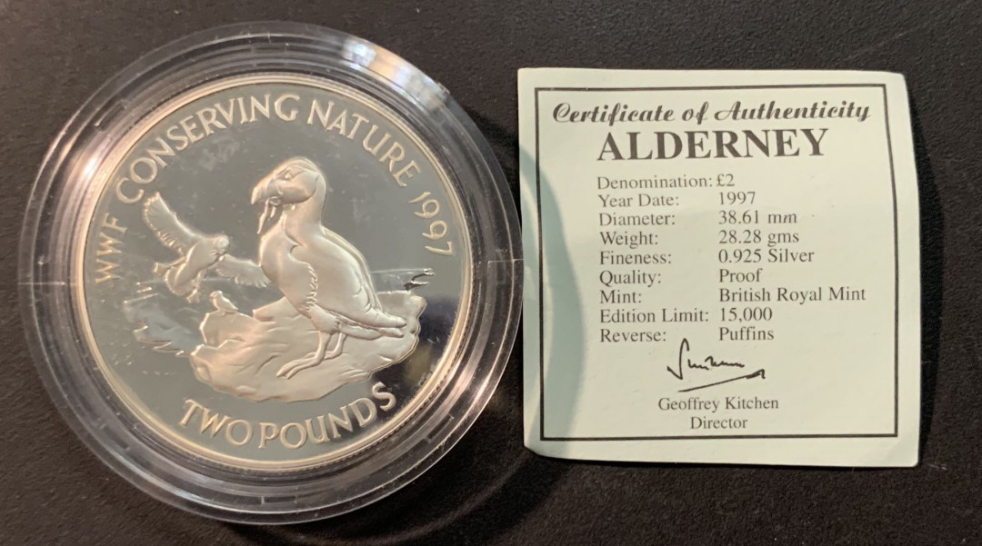 紫瑗钱币—微拍第85期  奥尔德尼 1997年 世界野生动物基金会WWF 海雀 2磅 28.28克 0.925银 精制 带证书