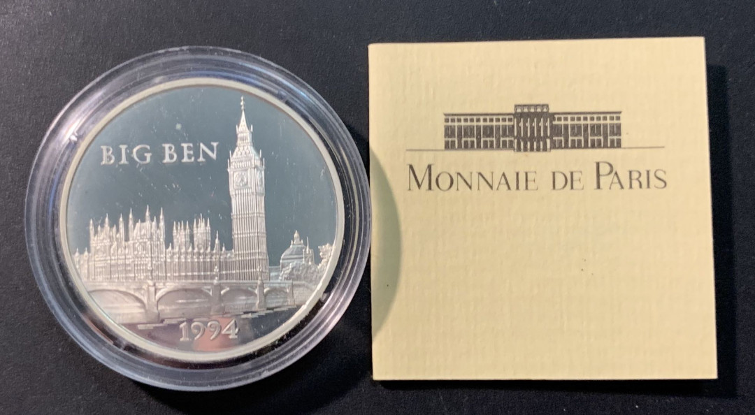 紫瑗钱币—微拍第85期  法国 1994年 伦敦 大本钟 100法郎15埃局 22.2克 0.9银 精制 原盒证书