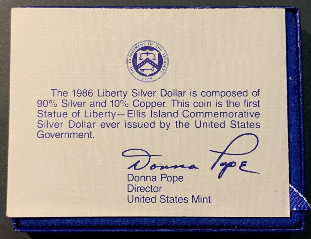 紫瑗钱币—微拍第85期  美国 1986年 自由女神像一百周年 1美元 26.73克 0.9银 原盒证书