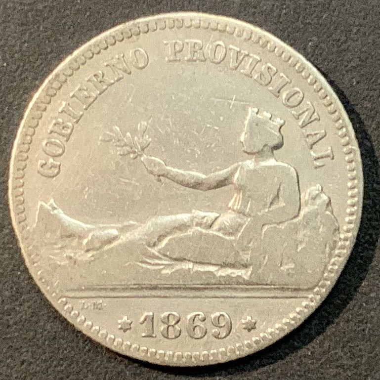 紫瑗钱币—微拍第85期  西班牙 1869年 拿花 1比塞塔 5克 0.835银 