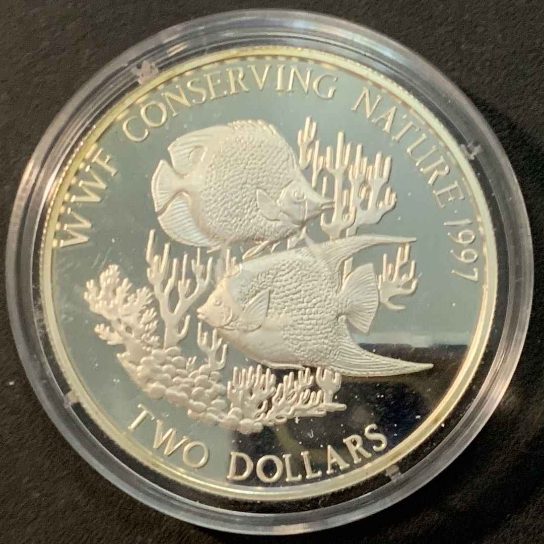 紫瑗钱币—微拍第85期  巴哈马 1997年 世界野生动物基金会WWF 皇后天使鱼 2元 28.28克 0.925银 精制 带证书