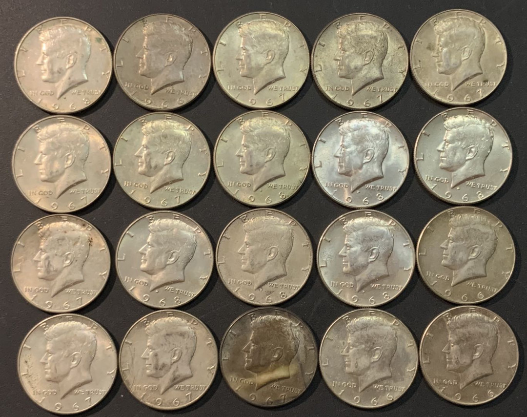 紫瑗钱币—微拍第85期  美国 1965—1970年 肯尼迪 50美分 20枚一组 共230克 0.4银