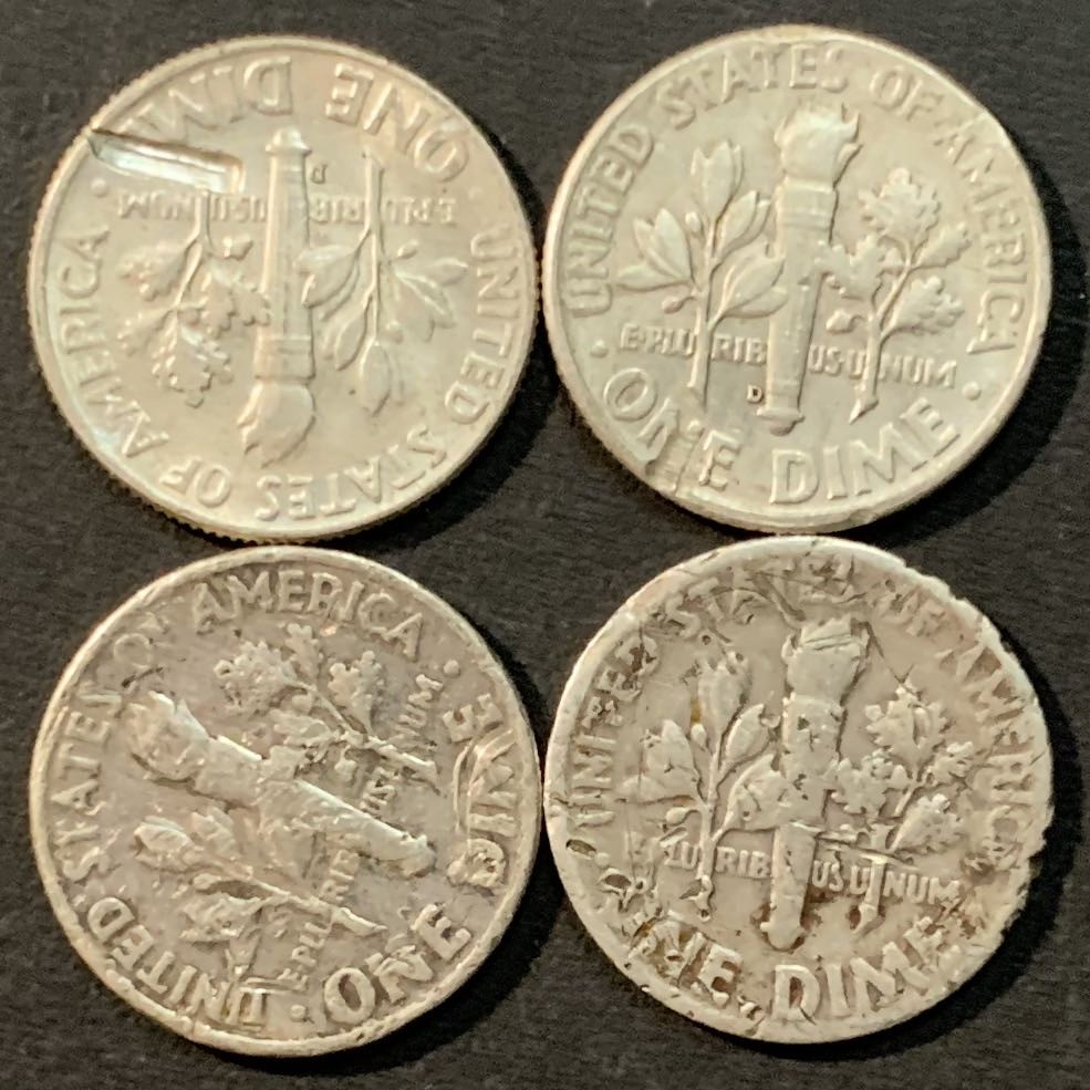 紫瑗钱币—微拍第85期  美国 罗斯福 10美分 银币 4枚 共10克 0.9银 差品相