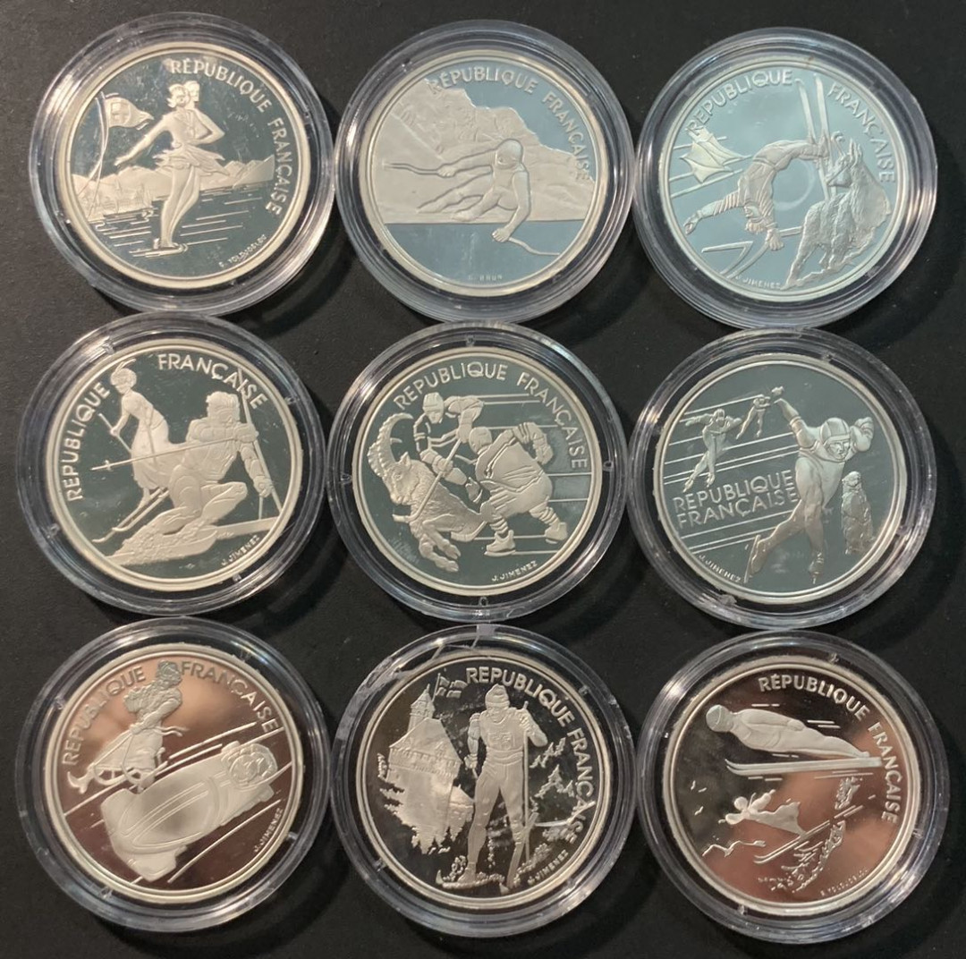 紫瑗钱币—微拍第85期  法国 1992年 阿尔贝维尔冬奥会 100法郎 9枚全套 共199.8克 0.9银 精制