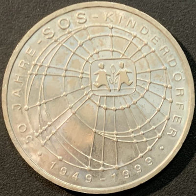 紫瑗钱币—微拍第85期  - 德国 1999年 J厂 SOS儿童村50周年 10马克 15.5克 0.925银