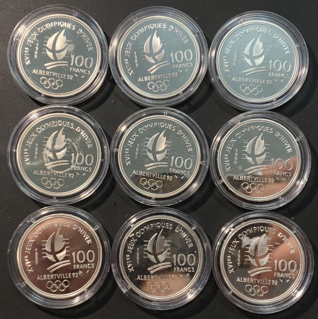 紫瑗钱币—微拍第85期  法国 1992年 阿尔贝维尔冬奥会 100法郎 9枚全套 共199.8克 0.9银 精制