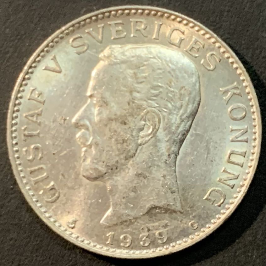 紫瑗钱币—微拍第85期  瑞典 1939年 古斯塔夫五世 1克朗 7.5克 0.8银 UNC