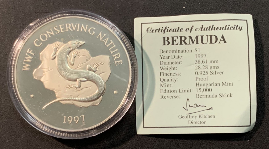 紫瑗钱币—微拍第85期  百慕大 1997年 世界野生动物基金会WWF 百慕大石龙子 1元 28.28克 0.925银 精制 带证书