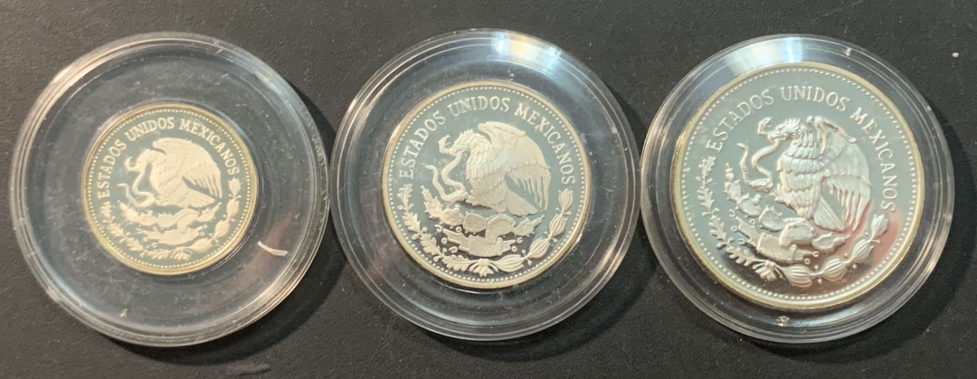紫瑗钱币—微拍第85期  墨西哥 1986年 86墨西哥世界杯 第四组 25 50 100比索 3枚一组  共57.86克 0.925银 精制
