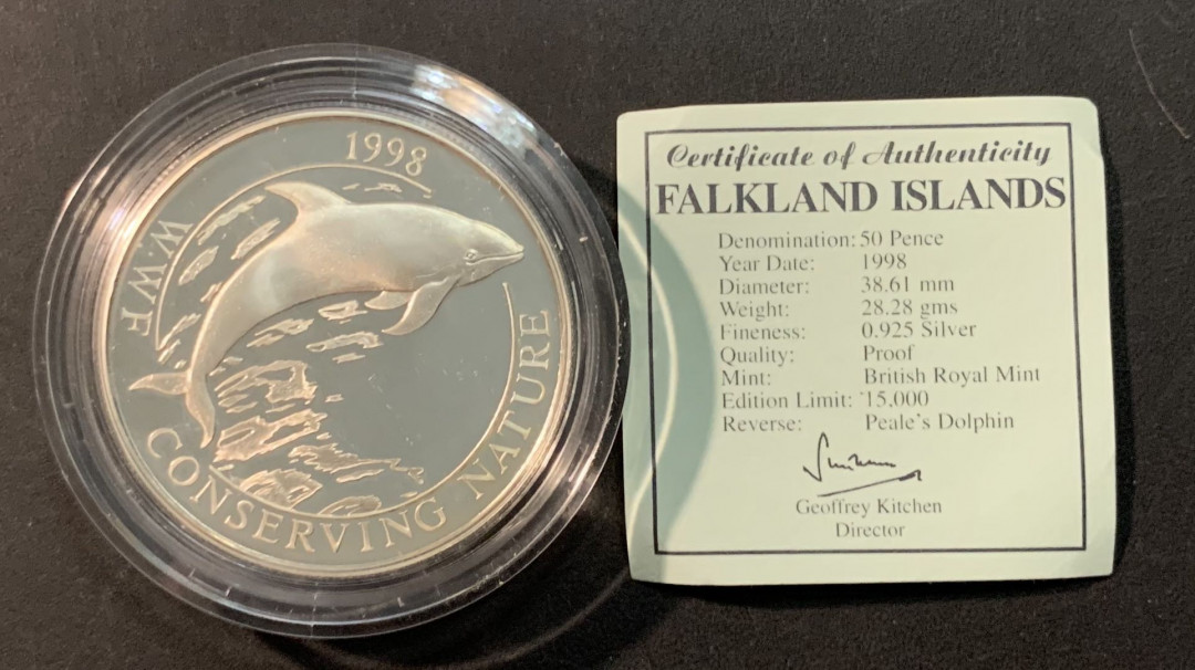 紫瑗钱币—微拍第85期  福克兰群岛 1998年 世界野生动物基金会WWF 皮尔海豚 50便士 28.28克 0.925银 精制 带证书
