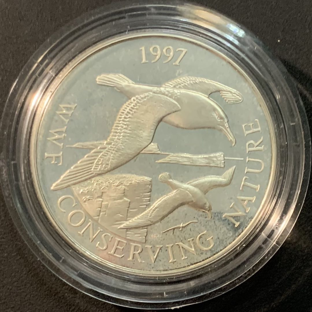 紫瑗钱币—微拍第85期  福克兰 1997年 世界野生动物基金会WWF 黑眉信天翁 50便士 28.28克 0.925银 精制 带证书