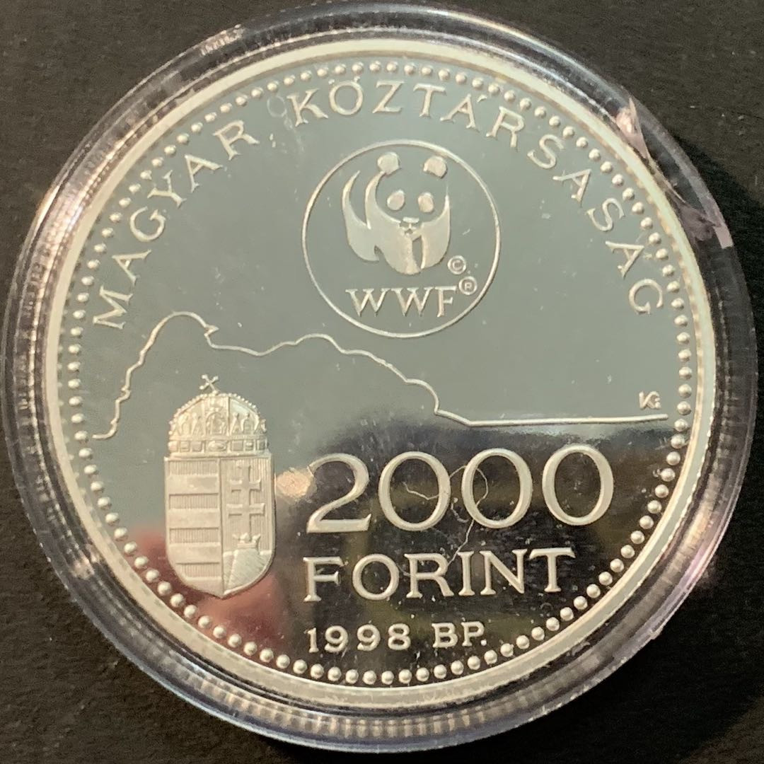 紫瑗钱币—微拍第85期  匈牙利 1998年 世界野生动物基金会WWF 叉尾燕子 2000福林 31.46克 0.925银 精制 带证书