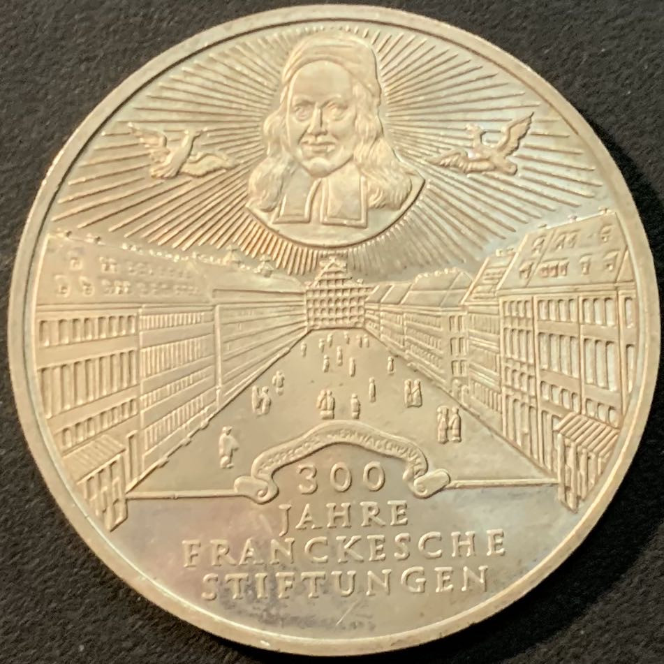 紫瑗钱币—微拍第85期  德国 1998年 A厂 弗朗克慈善会300周年 10马克 15.5克 0.925银