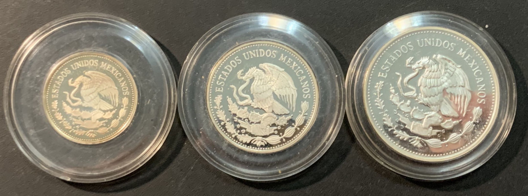 紫瑗钱币—微拍第85期  墨西哥 1986年 86墨西哥世界杯 第三组 25 50 100比索 3枚一组  共57.86克 0.925银 精制