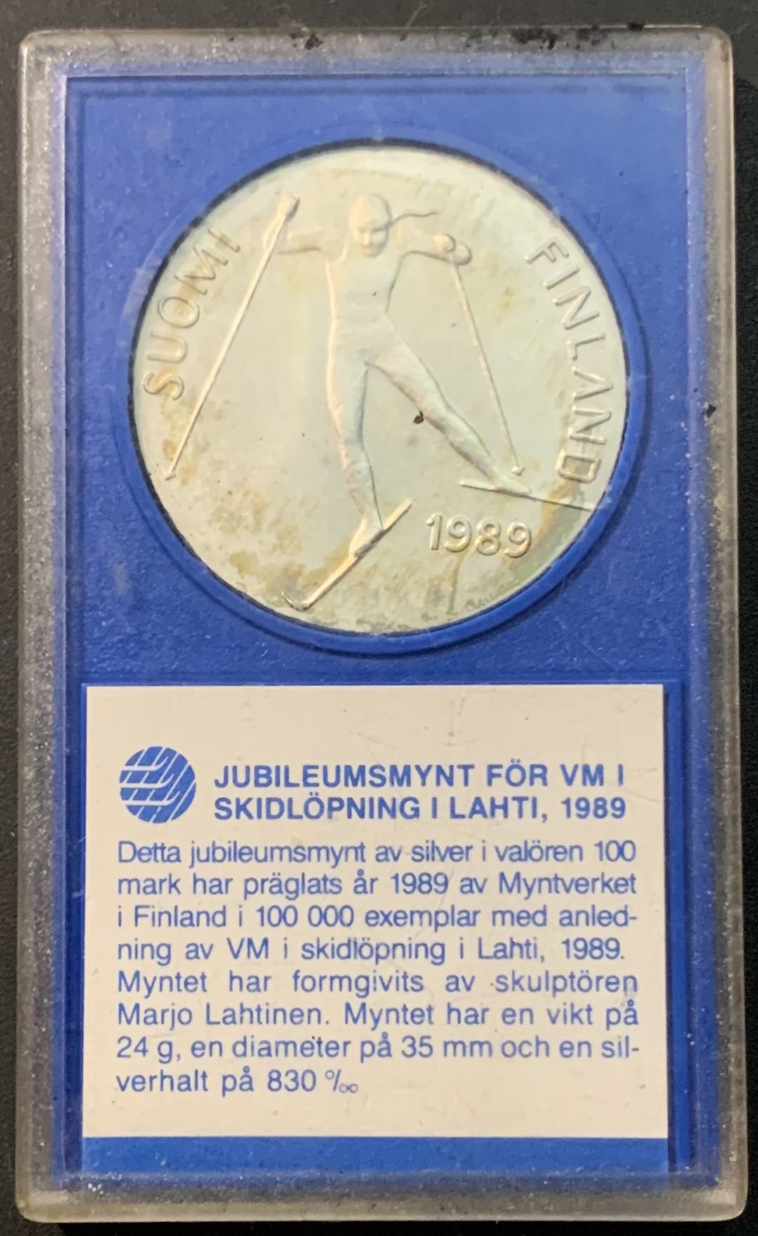 紫瑗钱币—微拍第85期  芬兰 1989年 拉赫蒂世界北欧滑雪锦标赛 100马克 24克 0.83银 原盒证书