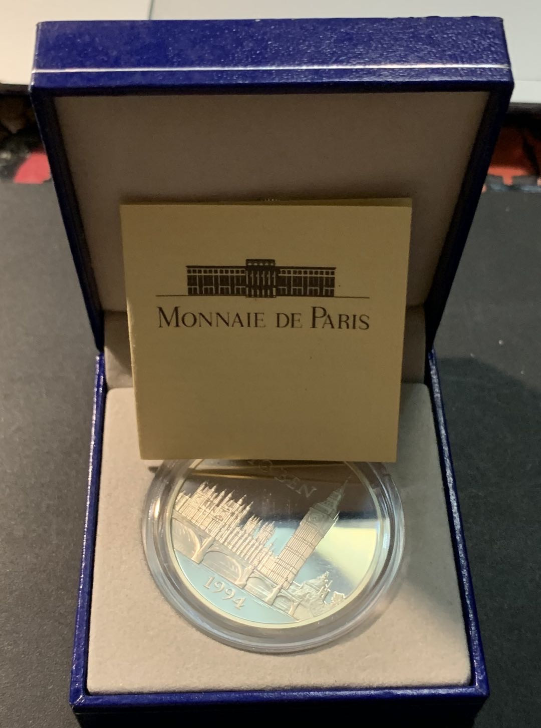 紫瑗钱币—微拍第85期  法国 1994年 伦敦 大本钟 100法郎15埃局 22.2克 0.9银 精制 原盒证书