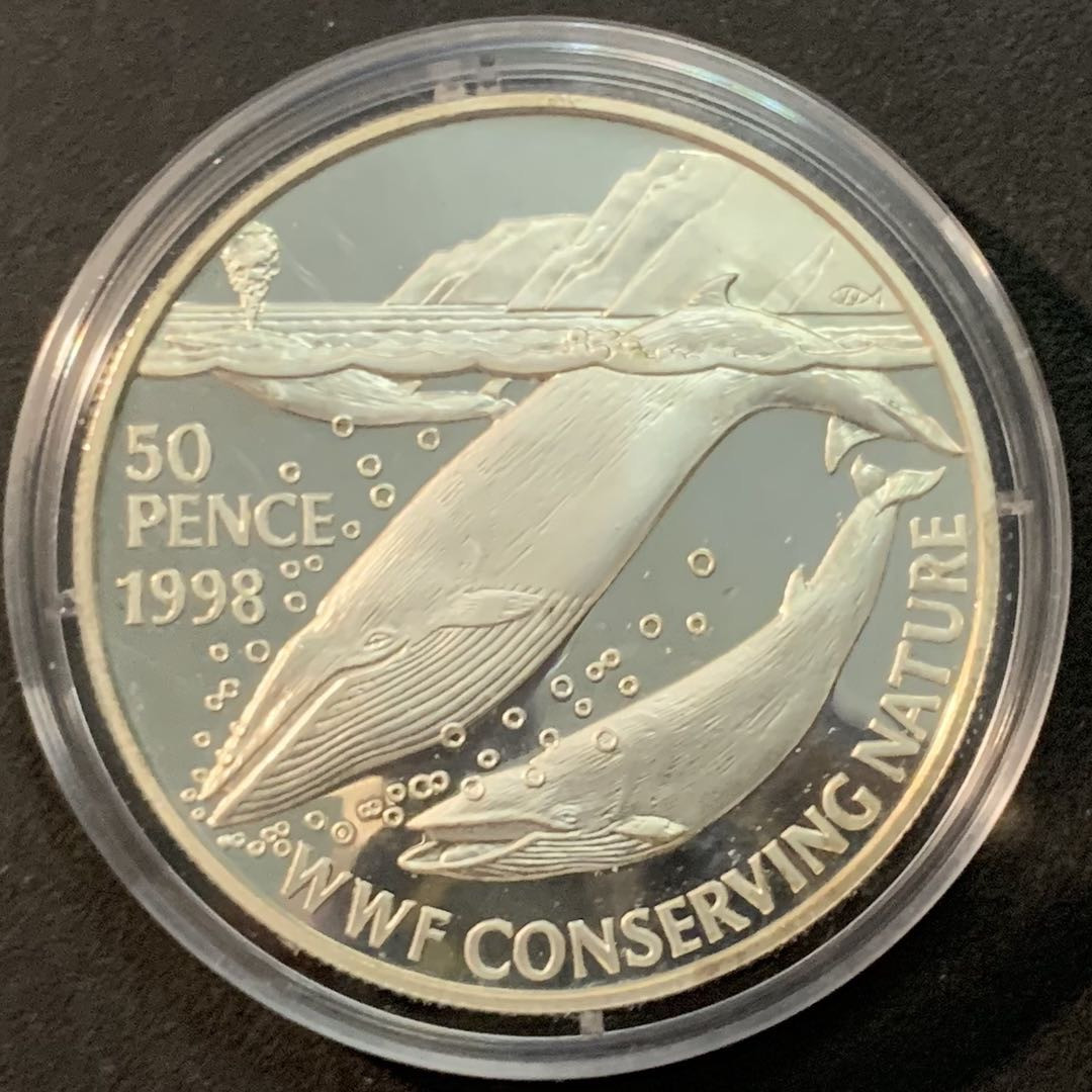 紫瑗钱币—微拍第85期  圣赫勒拿 1998年 世界野生动物基金会WWF 蓝鲸 50便士 28.28克 0.925银 精制 带证书
