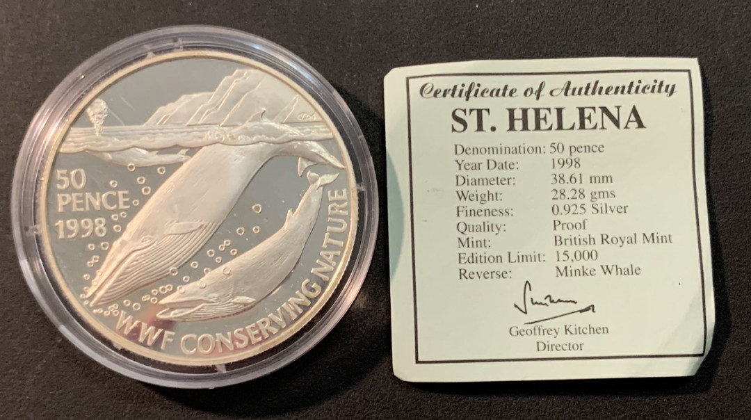 紫瑗钱币—微拍第85期  圣赫勒拿 1998年 世界野生动物基金会WWF 蓝鲸 50便士 28.28克 0.925银 精制 带证书
