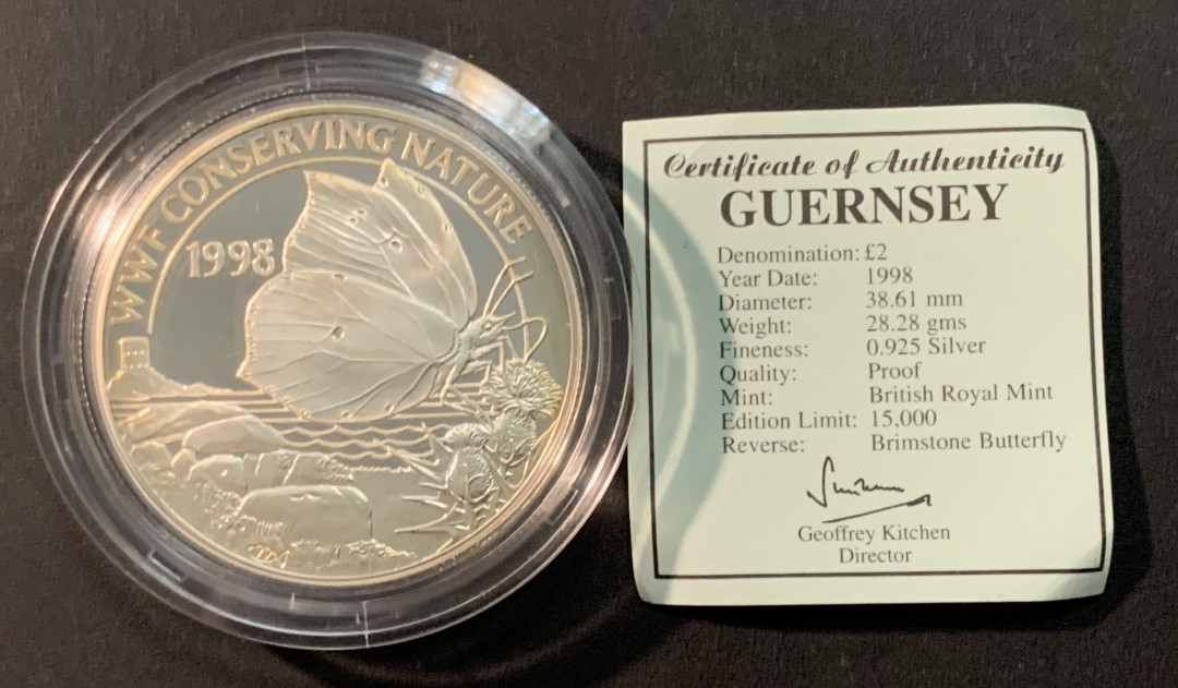 紫瑗钱币—微拍第85期  格恩济 1998年 世界野生动物基金会WWF 硫磺蝶 2磅 28.28克 0.925银 精制 带证书